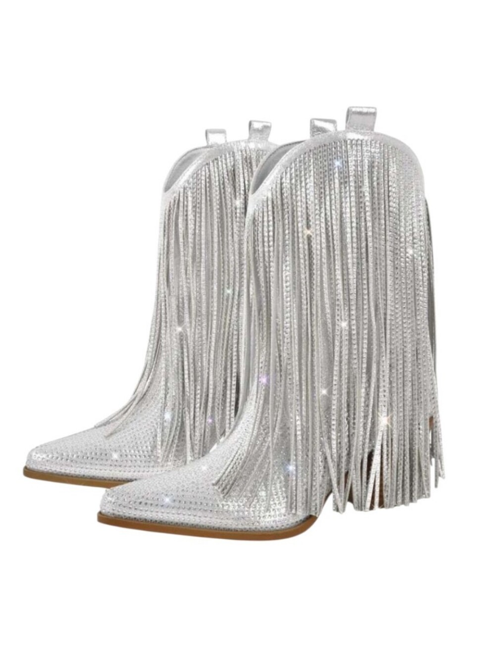 Ouepiano Silver Rhinestone Fringe Western Cowboy Ankle Boots